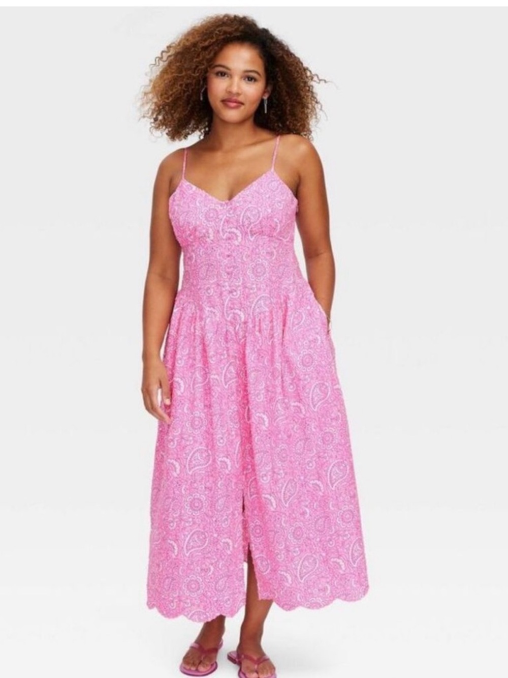 Pink Paisley Midi Sundress with Spaghetti Straps